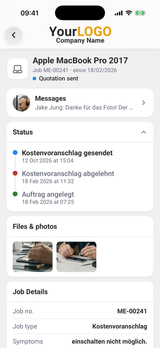 Repair with status and history in the “Status” card