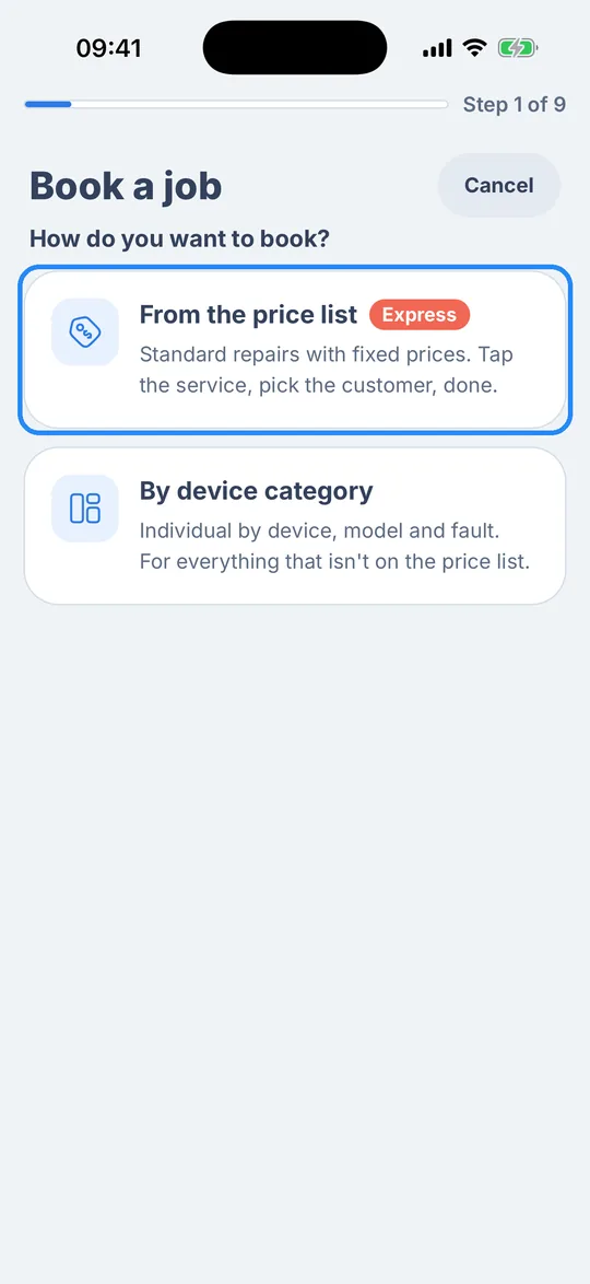 “How do you want to book?” screen in the RepairCMS app with the “From the price list” card highlighted