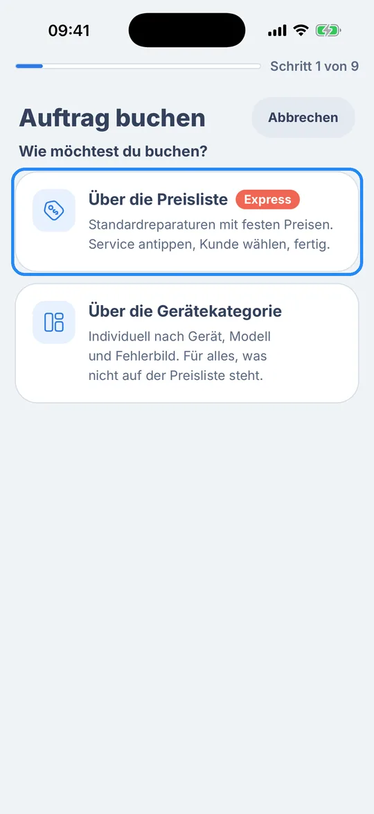 Auswahl „Wie möchtest du buchen?“ in der RepairCMS App, die Karte „Über die Preisliste“ ist markiert