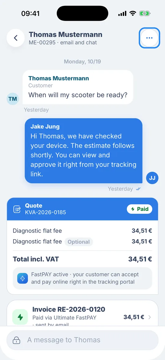 Chat with Thomas Mustermann, “ME-00295 · email and chat”, with the round three-dot button at the top right highlighted
