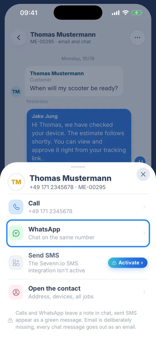 Contact options with “Call”, “WhatsApp”, “Send SMS” and “Open the contact”, the “WhatsApp · Chat on the same number” row is highlighted