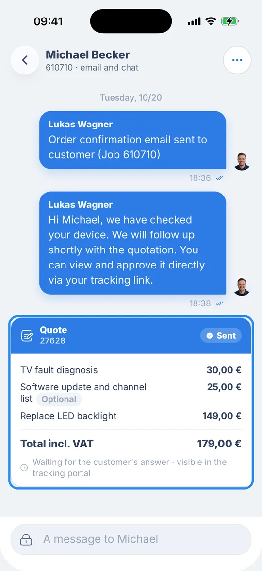 Customer communication in the RepairCMS app with Michael Becker, the “Quote” card with the “Sent” badge highlighted below the message