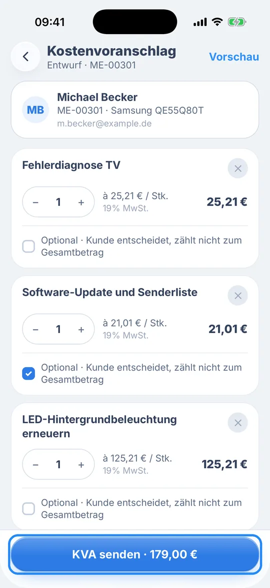 Kostenvoranschlag mit drei Positionen für den Samsung-Fernseher, „Software-Update und Senderliste“ ist als optional markiert und der Knopf „KVA senden“ hervorgehoben