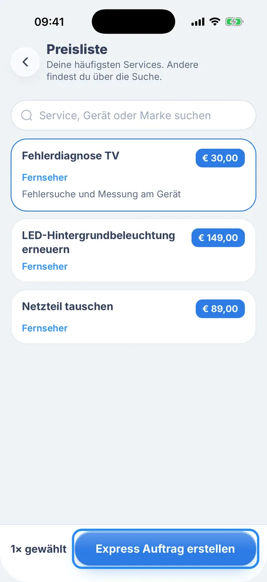 Preisliste mit Services für Fernseher, „Fehlerdiagnose TV“ ist gewählt und der Knopf „Express Auftrag erstellen“ ist markiert