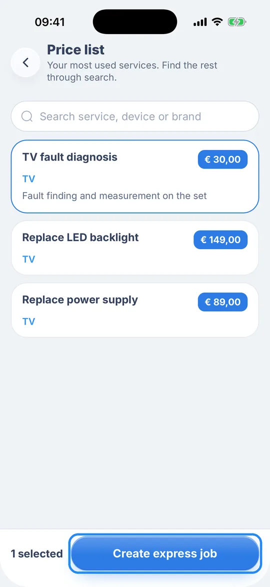 Price list with TV repair services, “TV fault diagnosis” selected and the “Create express job” button highlighted