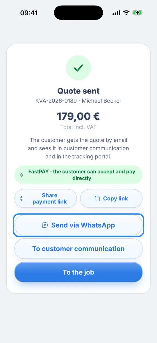 “Quote sent” screen in the RepairCMS app for quote KVA-2026-0189 for Michael Becker, with the “Send via WhatsApp” button highlighted