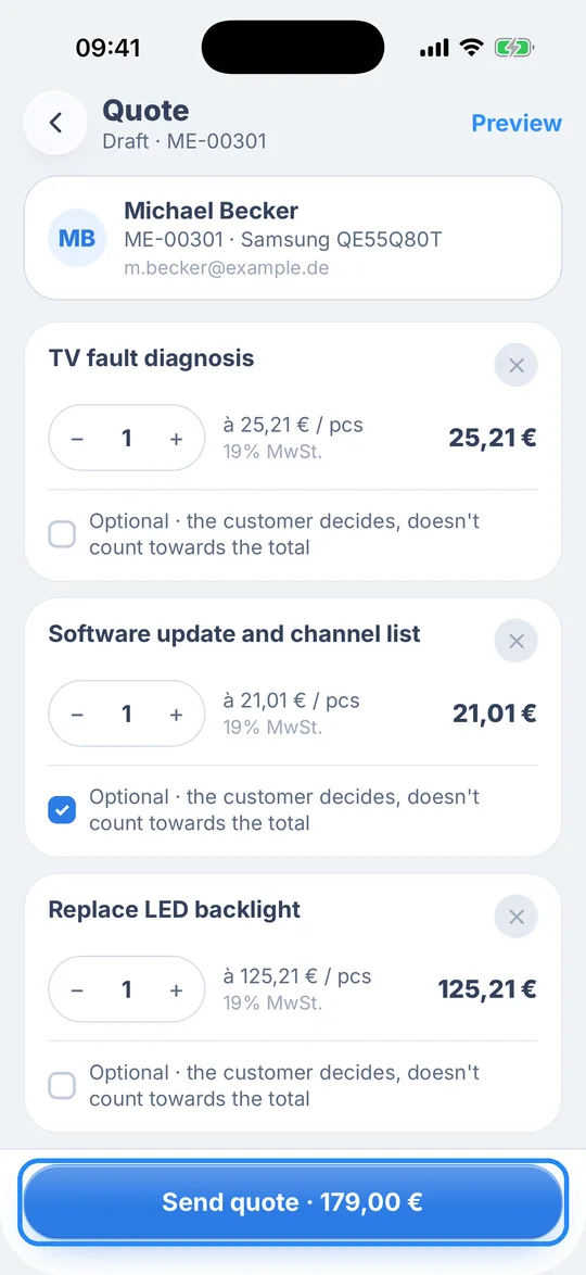 Quote with three line items for the Samsung TV, “Software update and channel list” marked as optional, with the “Send quote” button highlighted