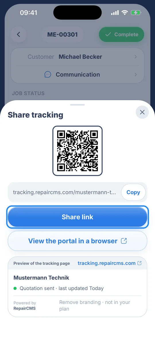 “Share tracking” sheet with the QR code and the job link, the “Share link” button highlighted