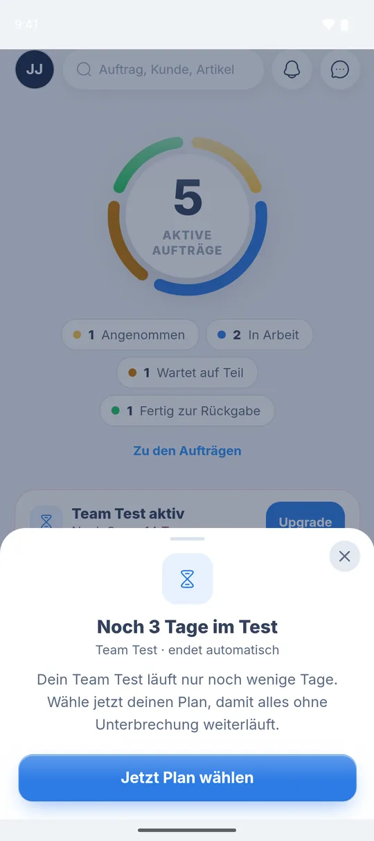 Erinnerung „Noch 3 Tage im Test“ mit „Team Test · endet automatisch“ und dem Knopf „Jetzt Plan wählen“