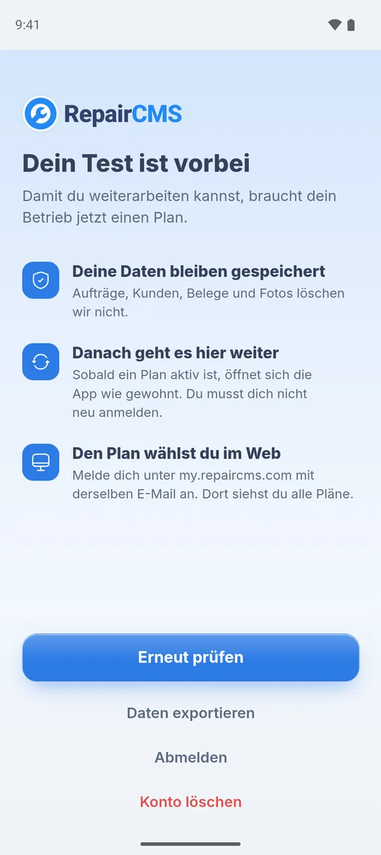 Seite „Dein Test ist vorbei“ mit „Deine Daten bleiben gespeichert“, „Danach geht es hier weiter“, „Den Plan wählst du im Web“ und dem Knopf „Erneut prüfen“
