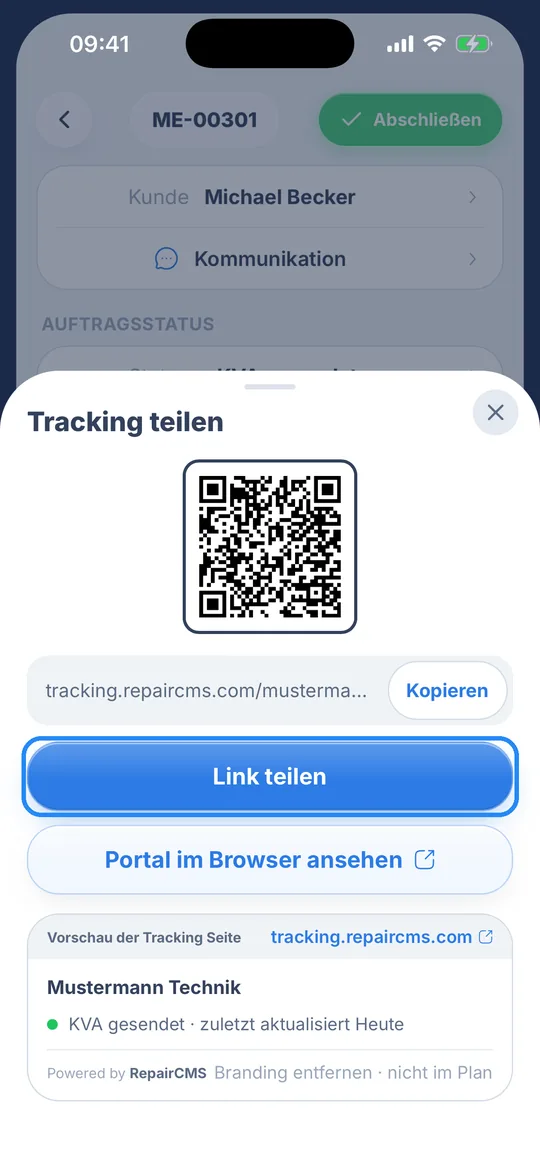 Blatt „Tracking teilen“ mit QR-Code und Link zum Auftrag, der Knopf „Link teilen“ ist markiert