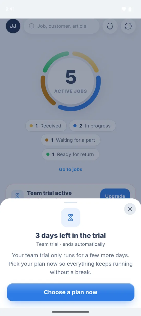 Reminder “3 days left in the trial” with “Team trial · ends automatically” and the “Choose a plan now” button