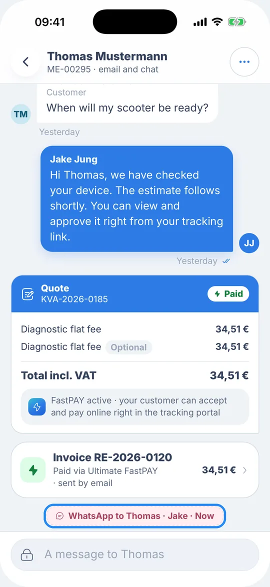 Job chat with the pink note “WhatsApp to Thomas · Jake · Now” below the estimate and the invoice