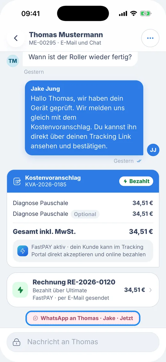 Chat am Auftrag mit dem rosa Vermerk „WhatsApp an Thomas · Jake · Jetzt“ unter Kostenvoranschlag und Rechnung