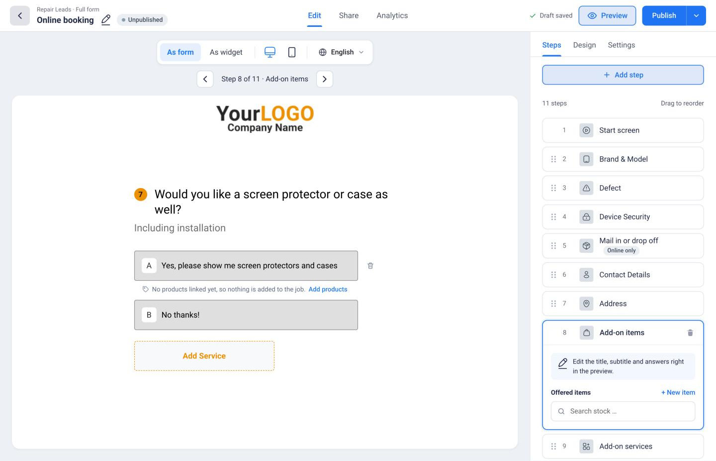 Add-on items step without linked products, with Offered items on the right