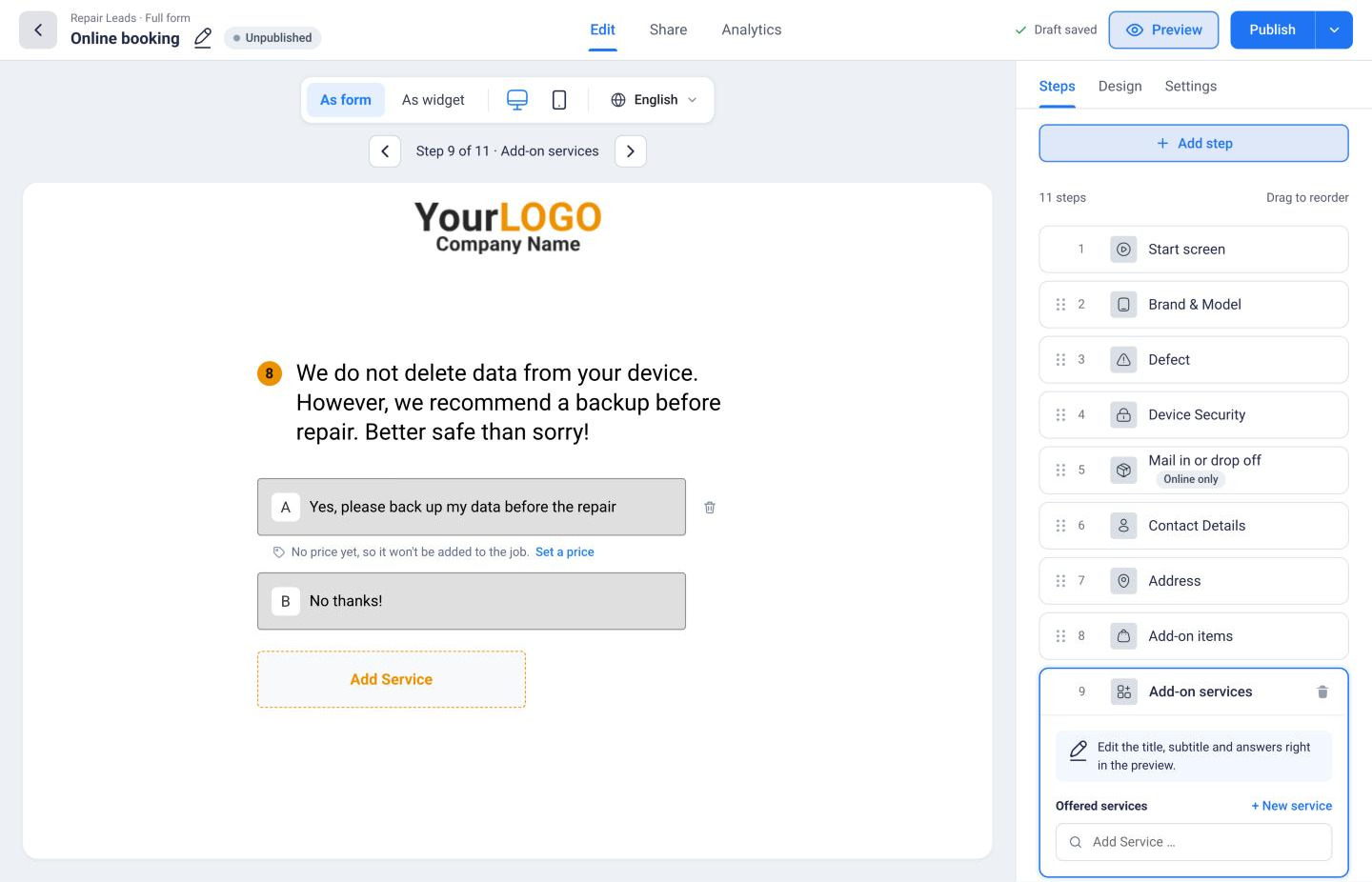Add-on services step with the note that there is no price yet and the Set a price link