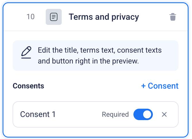 Terms and privacy step with Consents and the + Consent button
