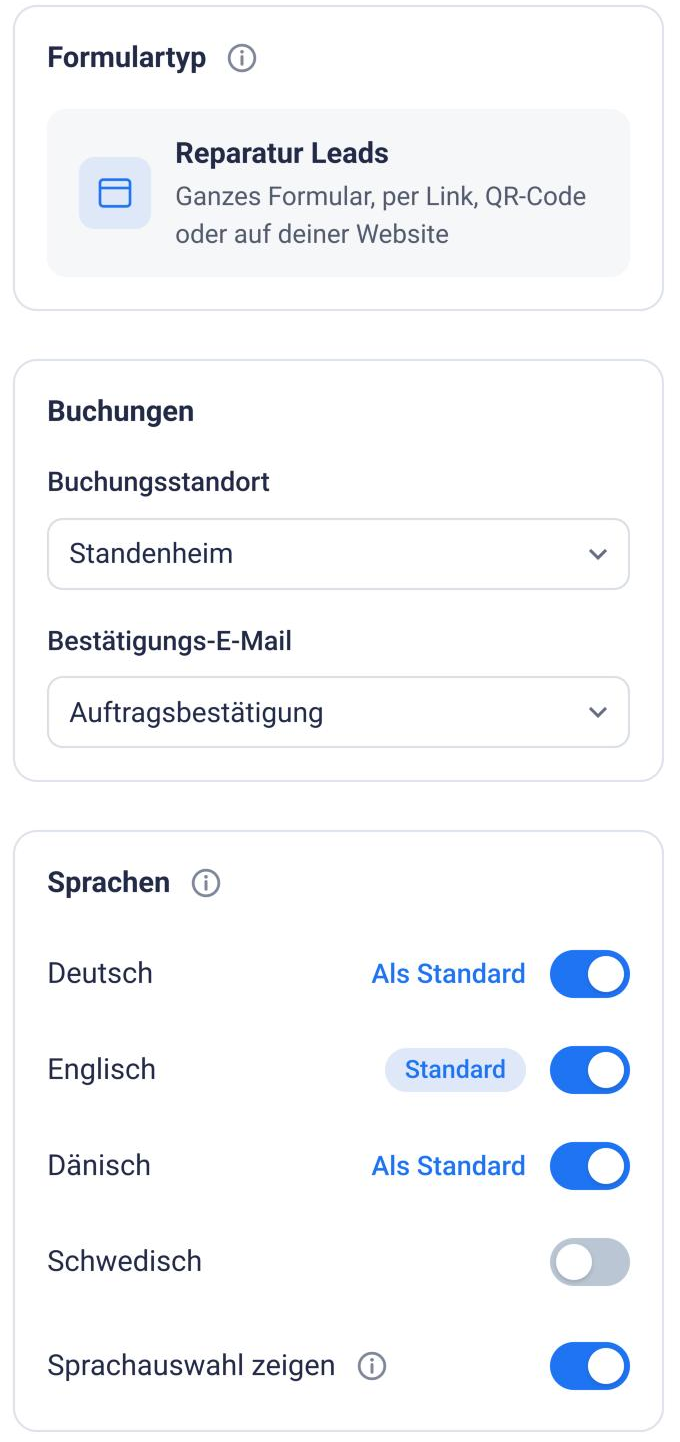 Reiter „Einstellungen“ mit Formulartyp, Buchungsstandort, Bestätigungs-E-Mail und Sprachen