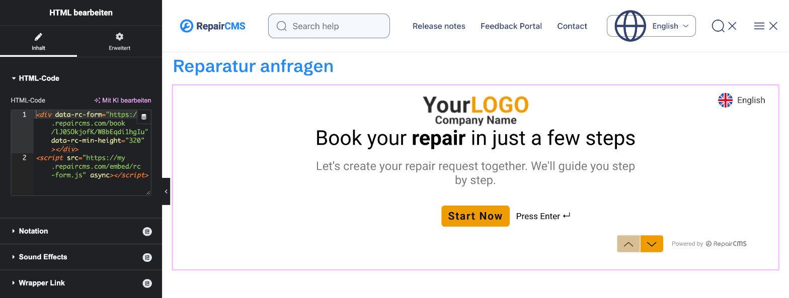 Elementor mit dem Feld „HTML-Code“ im Widget „HTML“ und dem Reparaturformular auf der Seite