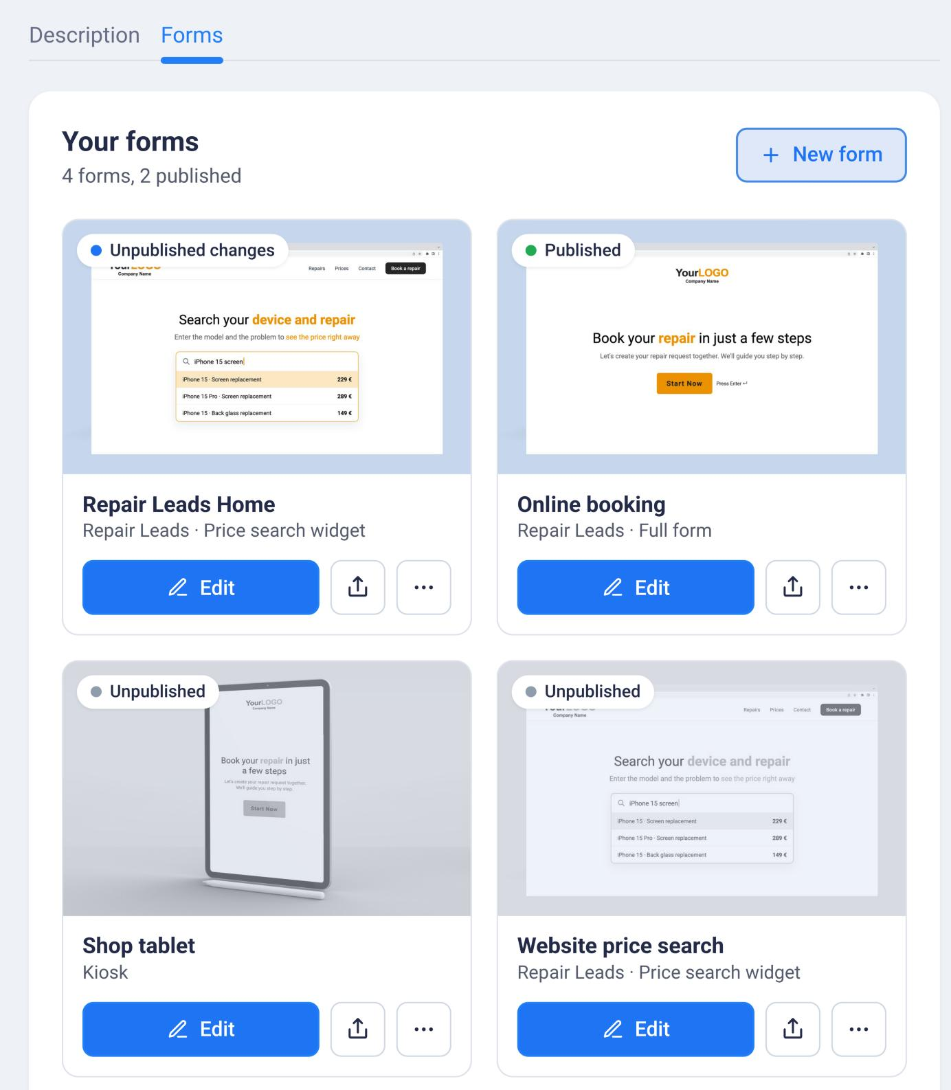 Forms tab with four form cards, their status and the New form button