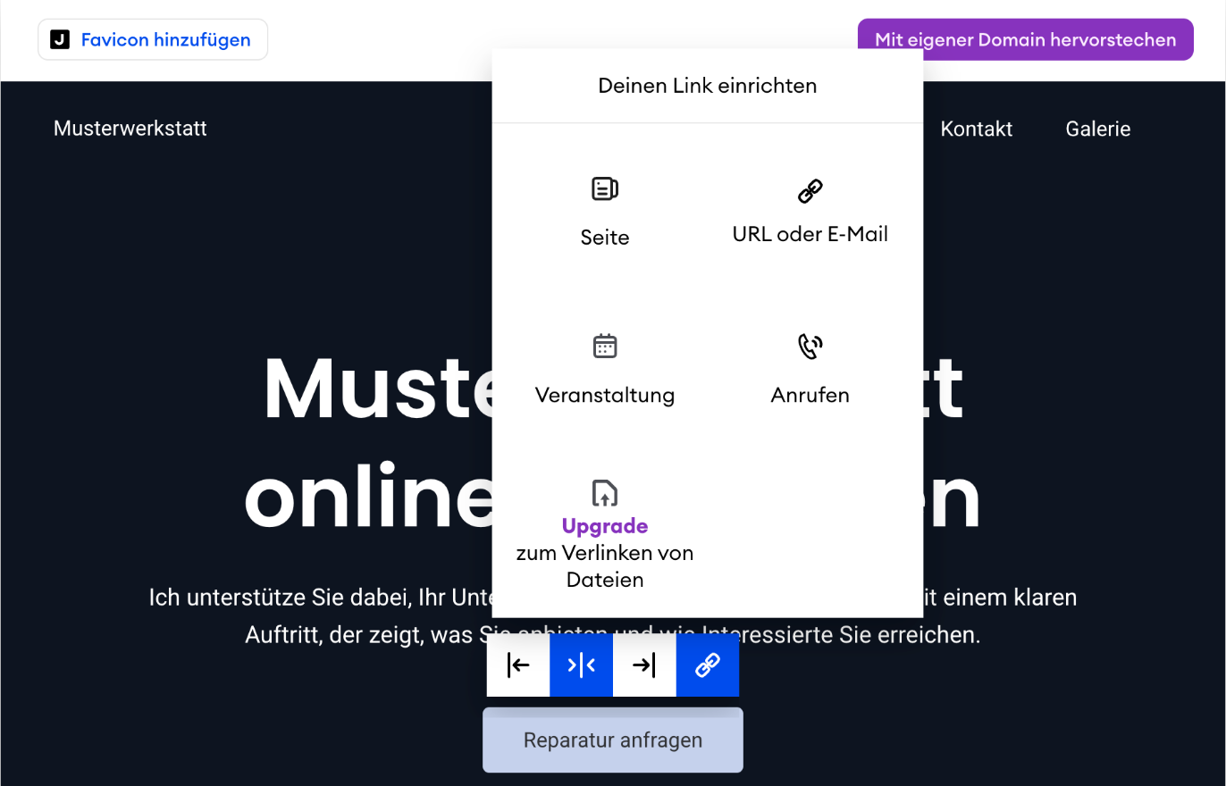 Jimdo-Editor mit dem Menü „Deinen Link einrichten“ am Button „Reparatur anfragen“