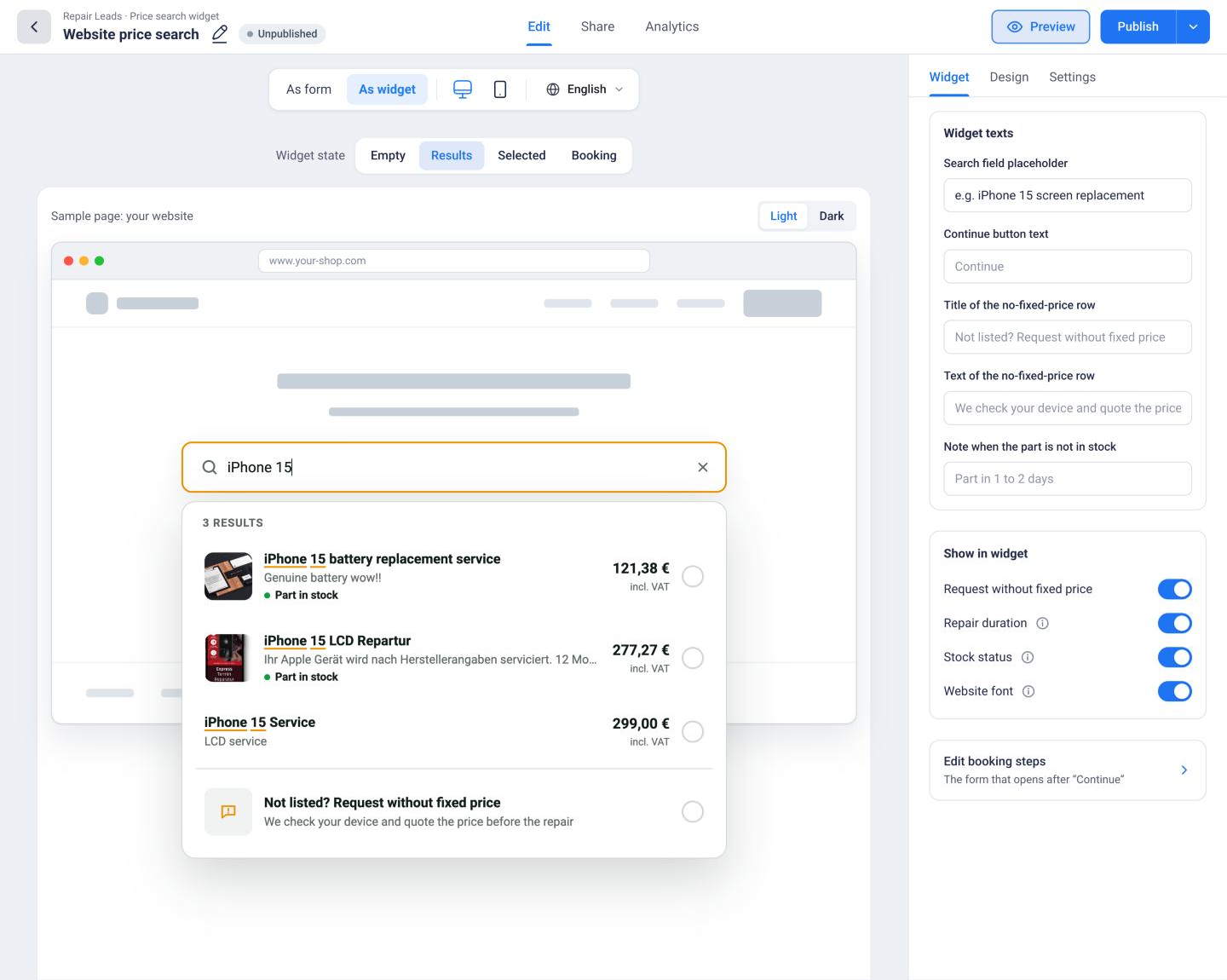 Price search widget on a sample page with results and the Widget tab