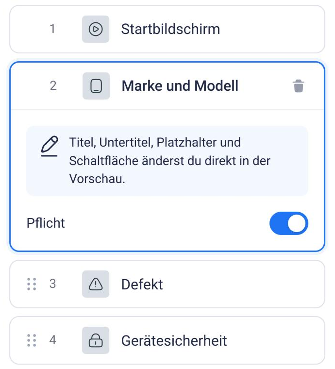 Geöffneter Schritt „Marke und Modell“ mit dem Schalter „Pflicht“