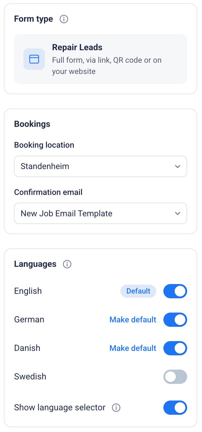 Settings tab with form type, booking location, confirmation email and languages