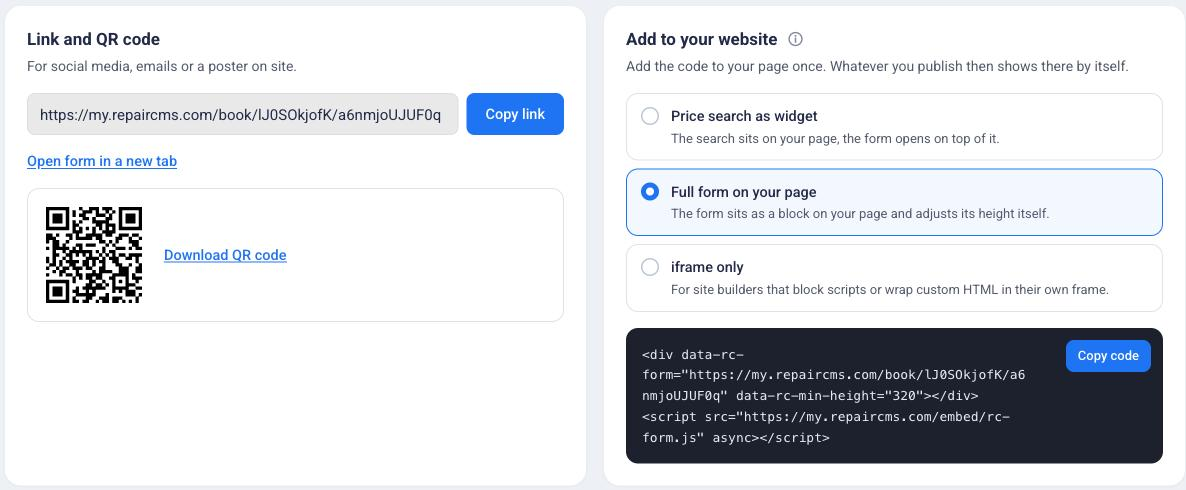Share tab with link, QR code and the embed code for your website