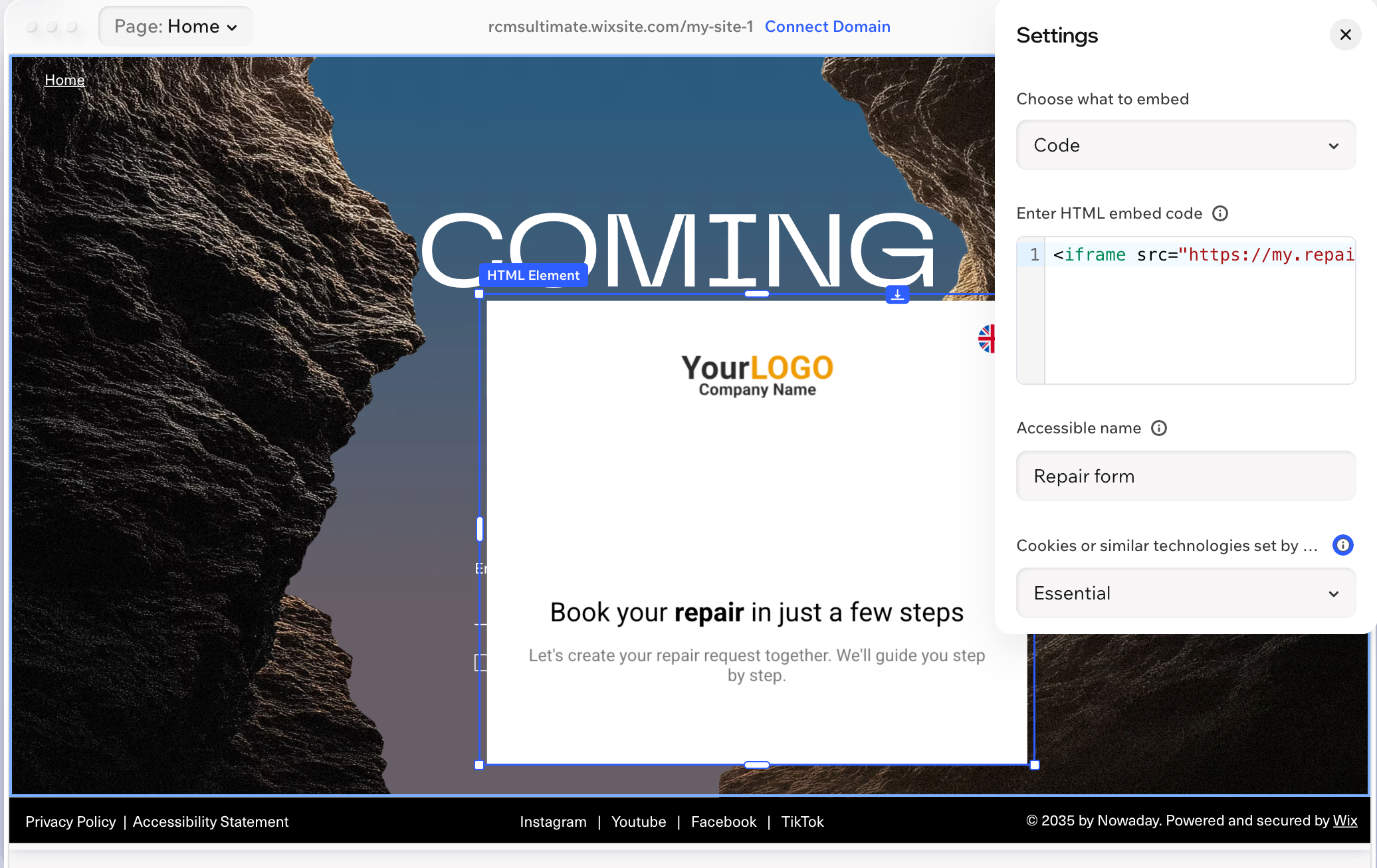 Wix-Editor mit dem Element „Embed code“ und den Einstellungen mit dem iframe-Code