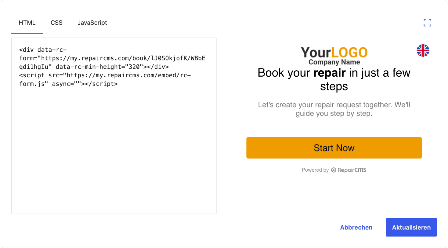 Fenster „Code bearbeiten“ am Block „Individuelles HTML“ mit dem Code aus RepairCMS links und der Vorschau des Formulars rechts