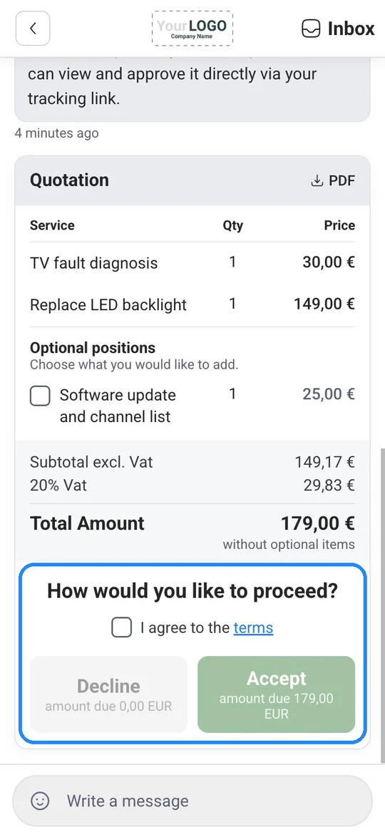 The quote in the customer portal inbox, with the “How would you like to proceed?” area with “Decline” and “Accept” highlighted