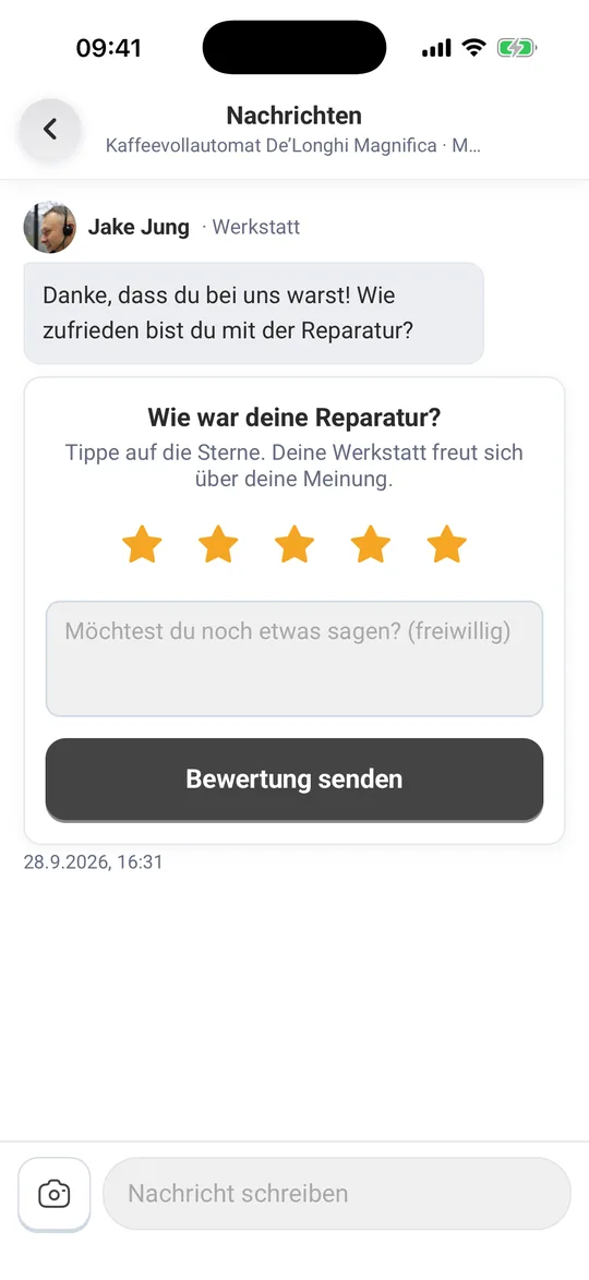 Bewertungsanfrage „Wie war deine Reparatur?“ mit fünf Sternen und dem Knopf „Bewertung senden“