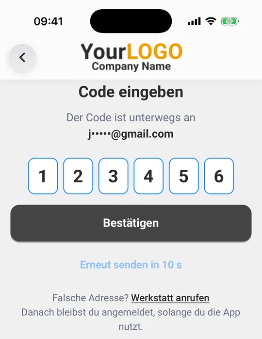 Bildschirm „Code eingeben“ mit sechs Feldern, „Bestätigen“ und „Code erneut senden“