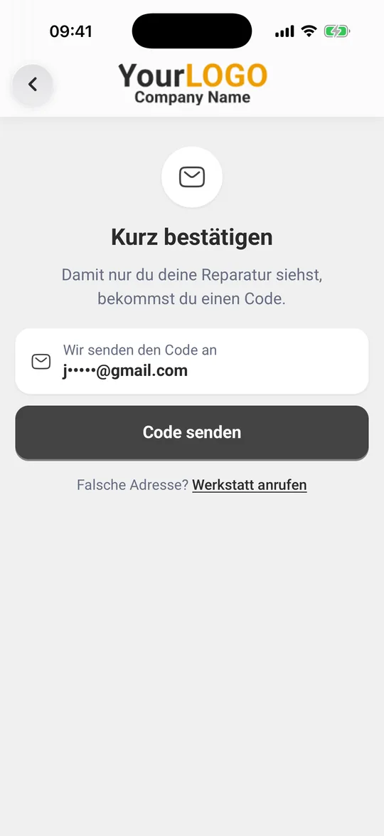 Bildschirm „Kurz bestätigen“ mit der Adresse, an die der Code geht, und dem Knopf „Code senden“