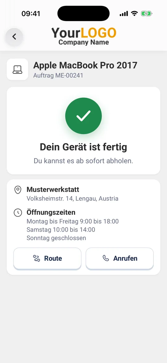 Bildschirm „Dein Gerät ist fertig“ mit Adresse, „Route“ und „Anrufen“