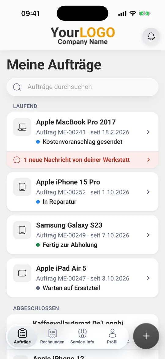Liste „Meine Aufträge“ mit Logo der Werkstatt, Status und Verlauf