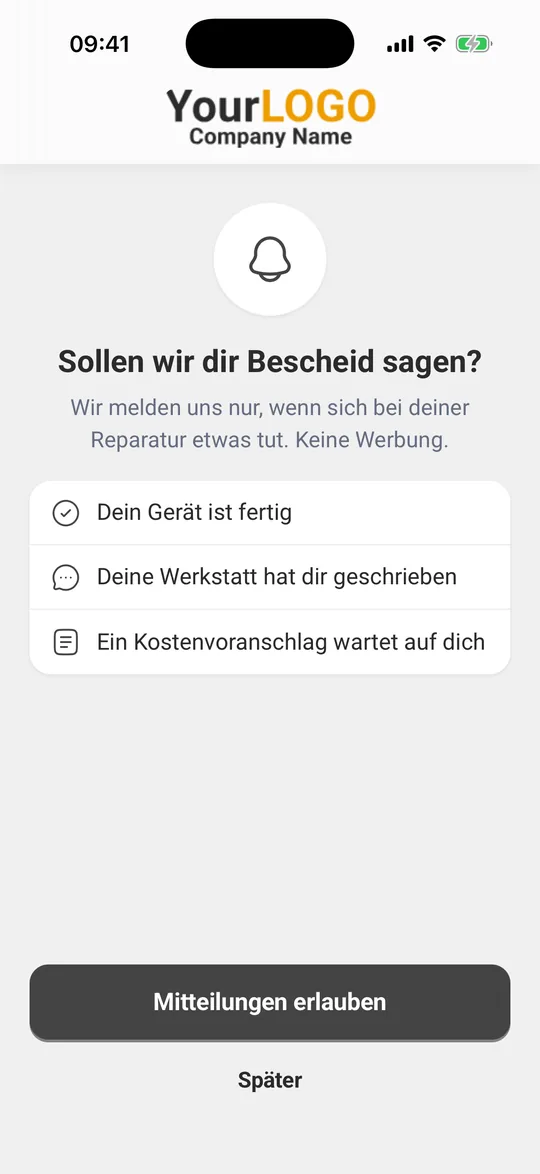 Bildschirm „Sollen wir dir Bescheid sagen?“ mit „Mitteilungen erlauben“ und „Später“