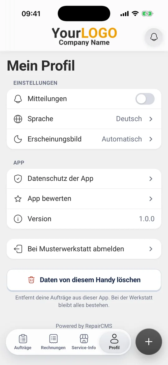 „Mein Profil“ mit Mitteilungen, Sprache, Erscheinungsbild, Abmelden und „Daten von diesem Handy löschen“