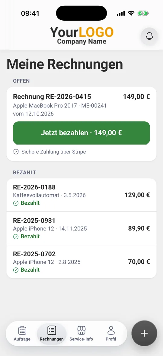 „Meine Rechnungen“ mit einer offenen Rechnung, „Jetzt bezahlen“ und darunter bezahlten Rechnungen