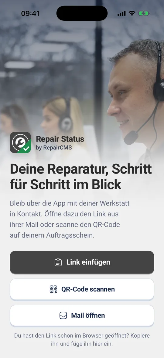 Startbildschirm der App mit „Link einfügen“, „QR-Code scannen“ und „Mail öffnen“