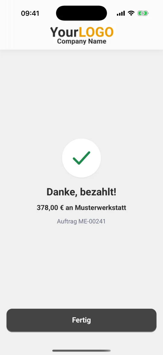 Bildschirm „Danke, bezahlt!“ mit Betrag, Werkstatt und dem Knopf „Fertig“